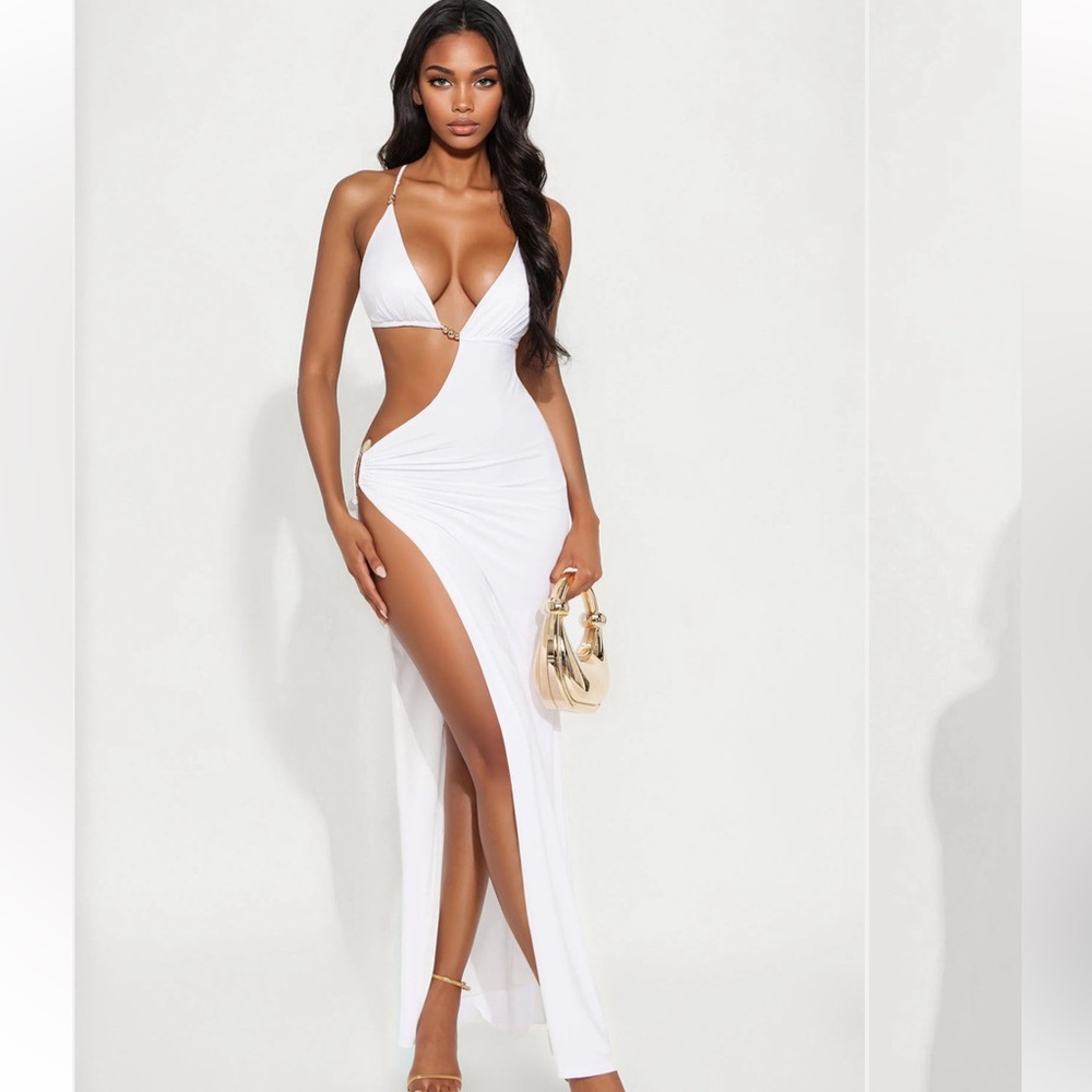 Fashion Nova White Cutout Maxi Dress with High Slit